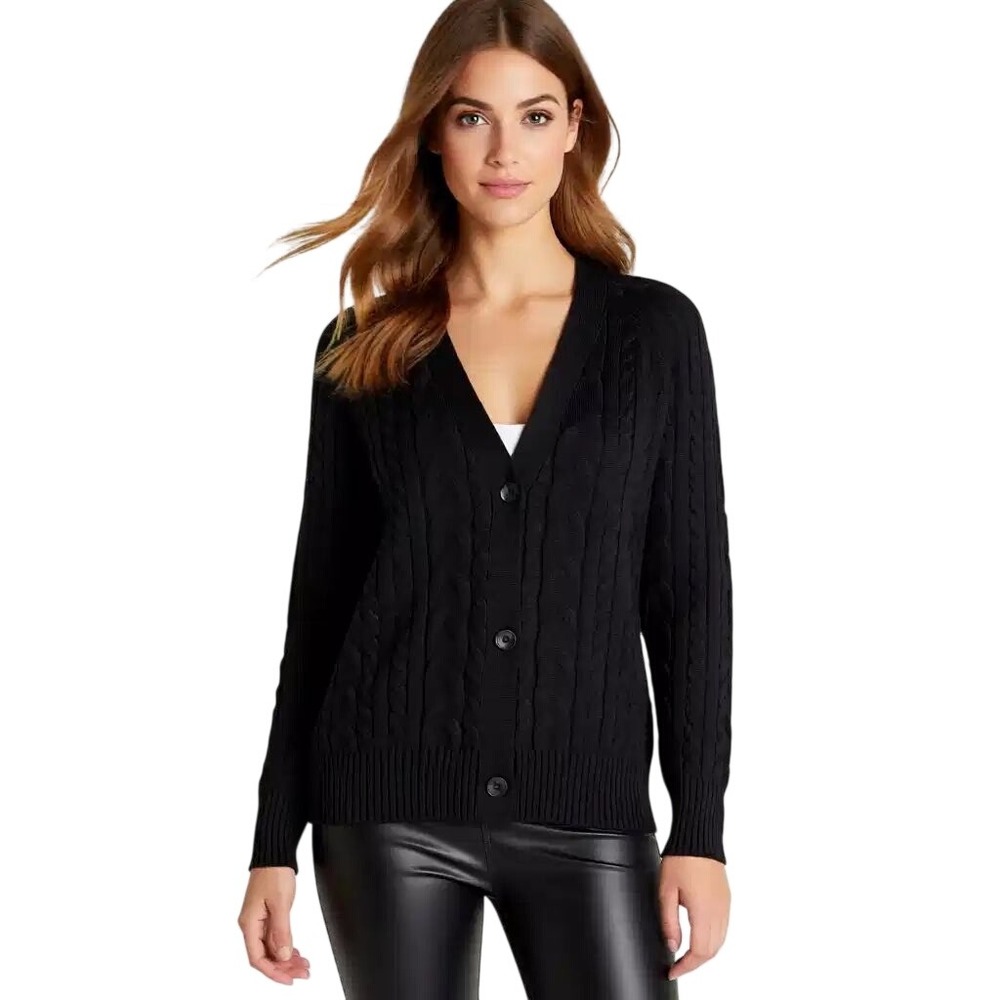 Cyrus Womens Cable Knit V-Neck Cardigan Sweater Gray Small NWT
